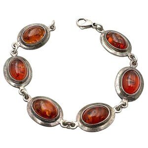 Womens Sterling Silver Amber Bracelet 6.5 Inch